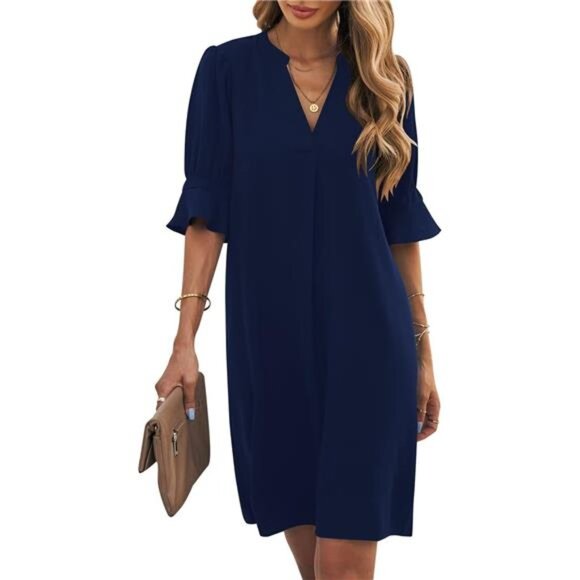 Blue Shift Dress for Women V Neck Short Sleeves Solid Color Casual Flowy Dresses - Picture 1 of 6